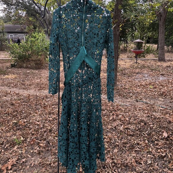 Dresses & Skirts - Green Lace Floor Length Dress with high collar and a teal satin sash, Size M